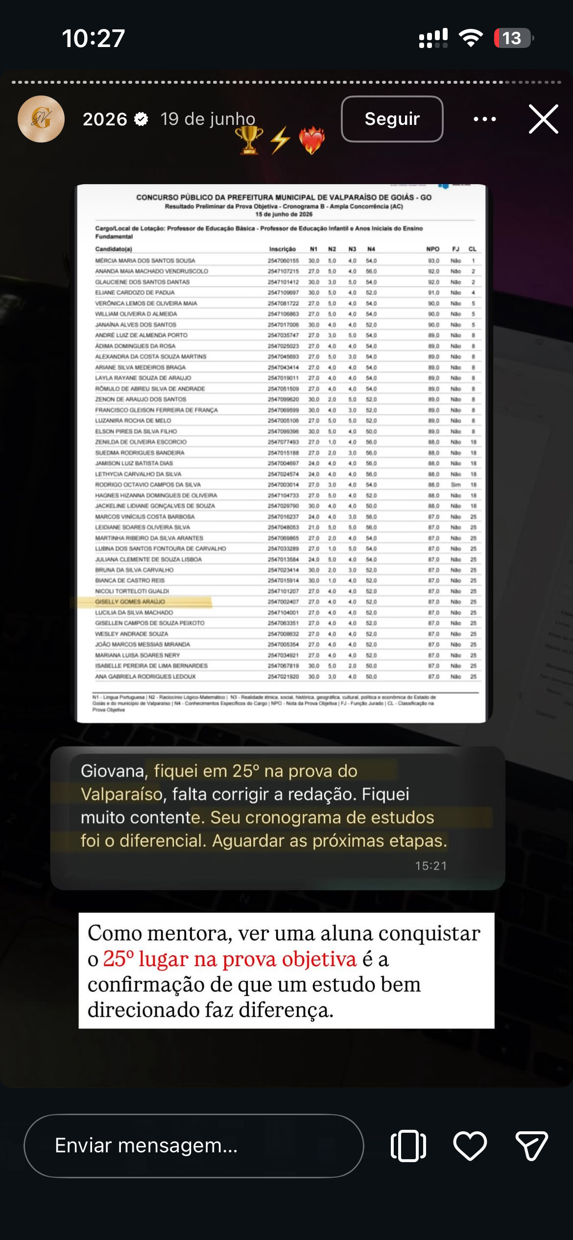 Depoimento de aluna da Giovana