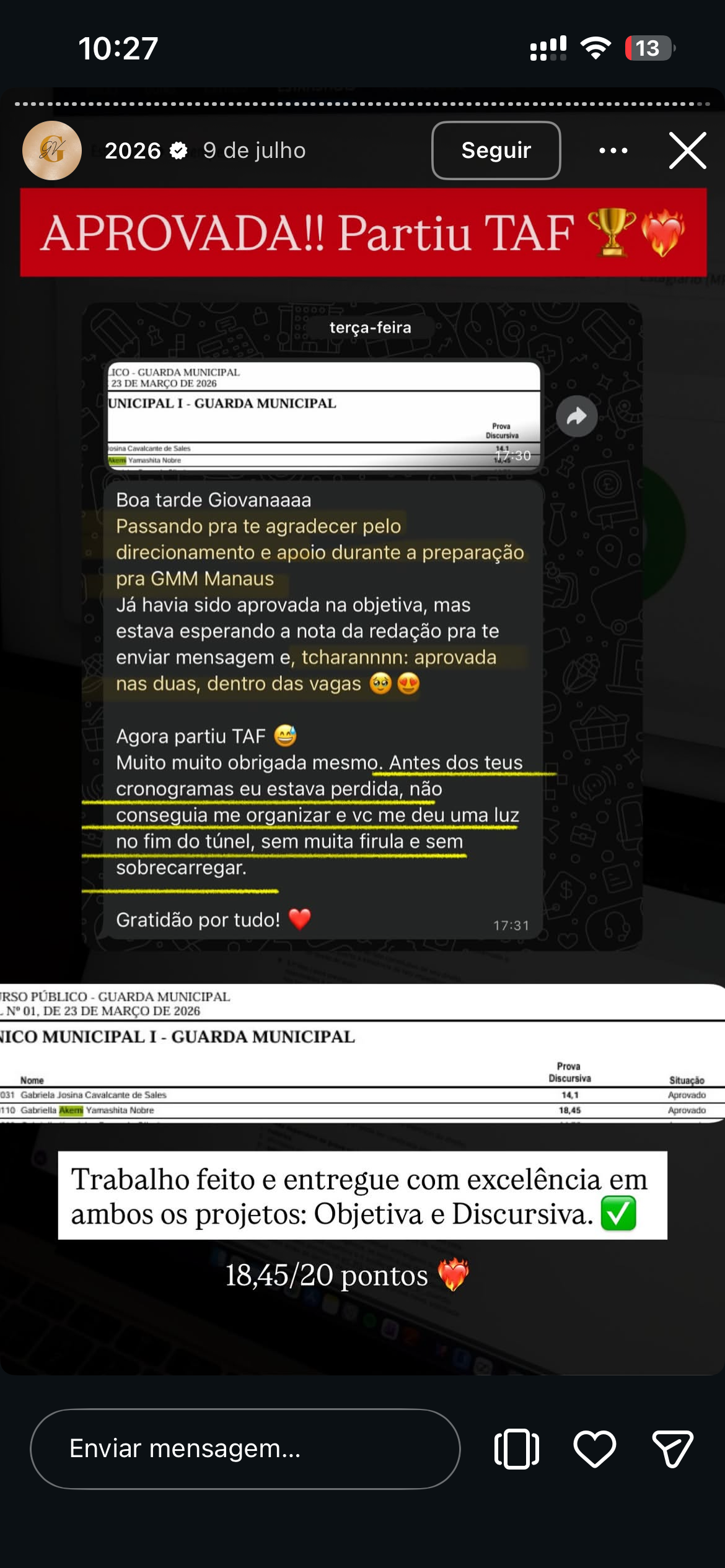 Depoimento de aluna da Giovana